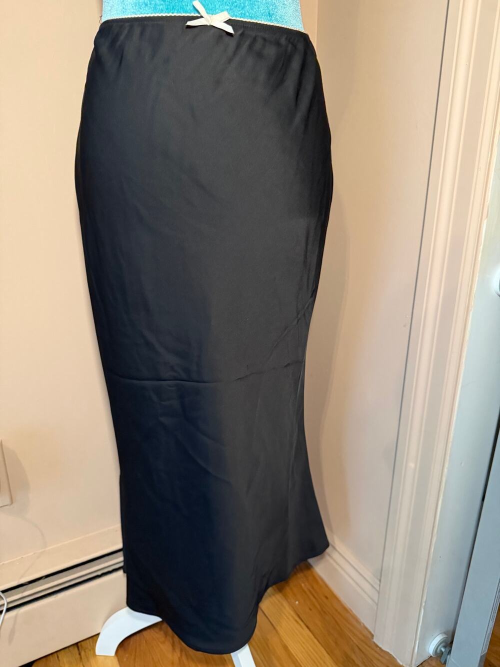 All in Favor Black Satin Slip Maxi Skirt Bow Elastic Waist XS Coquette
